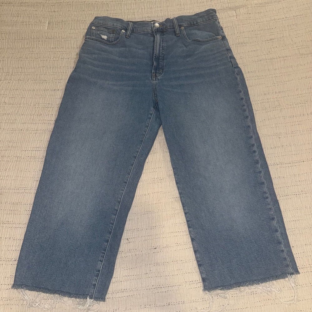 Madewell The Perfect Vintage Straight Crop Jean Blue Raw Hem Size 31 Distressed